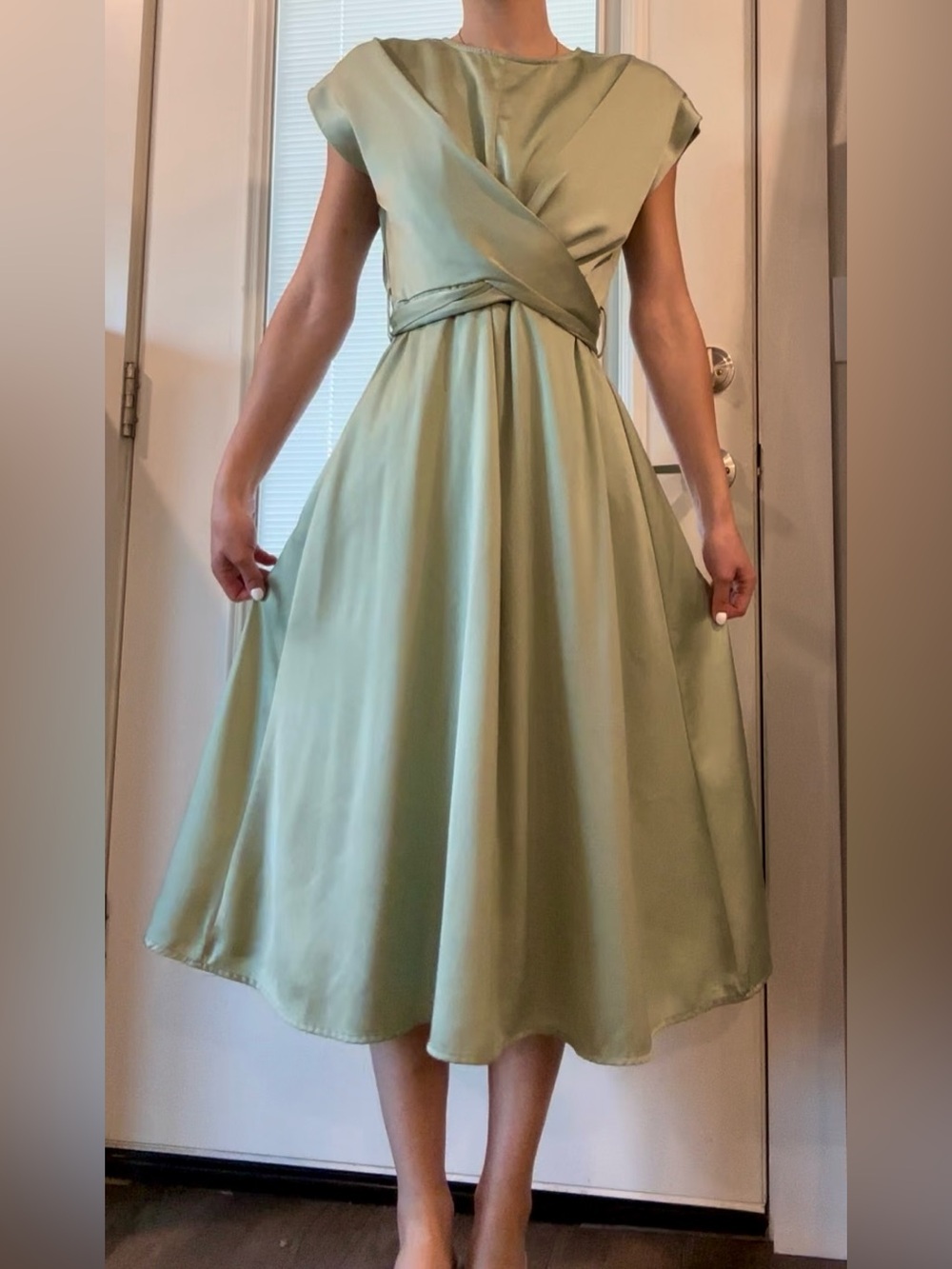 Pretty Garden Satin Tie Midi Dress in Sage Green